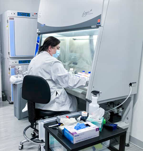 female scientists in research lab working under a fume hood